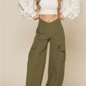 POPFLEX Olive Green High-Waist Wide-Leg Cargo Pants